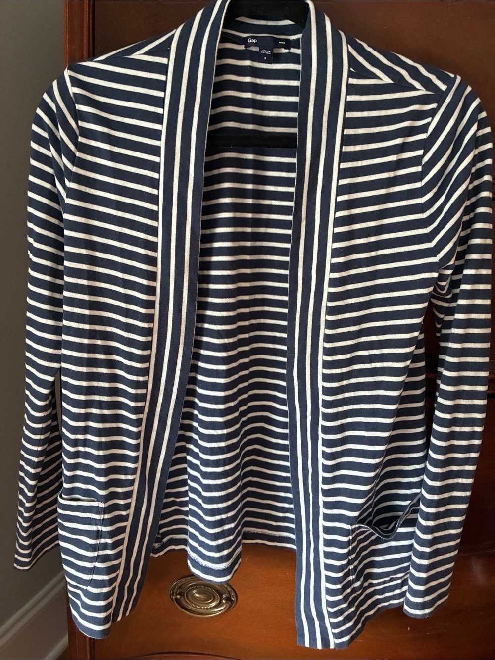 GAP Navy and White Striped Open-Front Cardigan